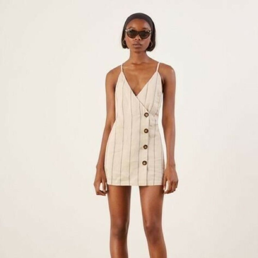 Reformation Cayman Linen Stripe Button Front Mini Dress Small